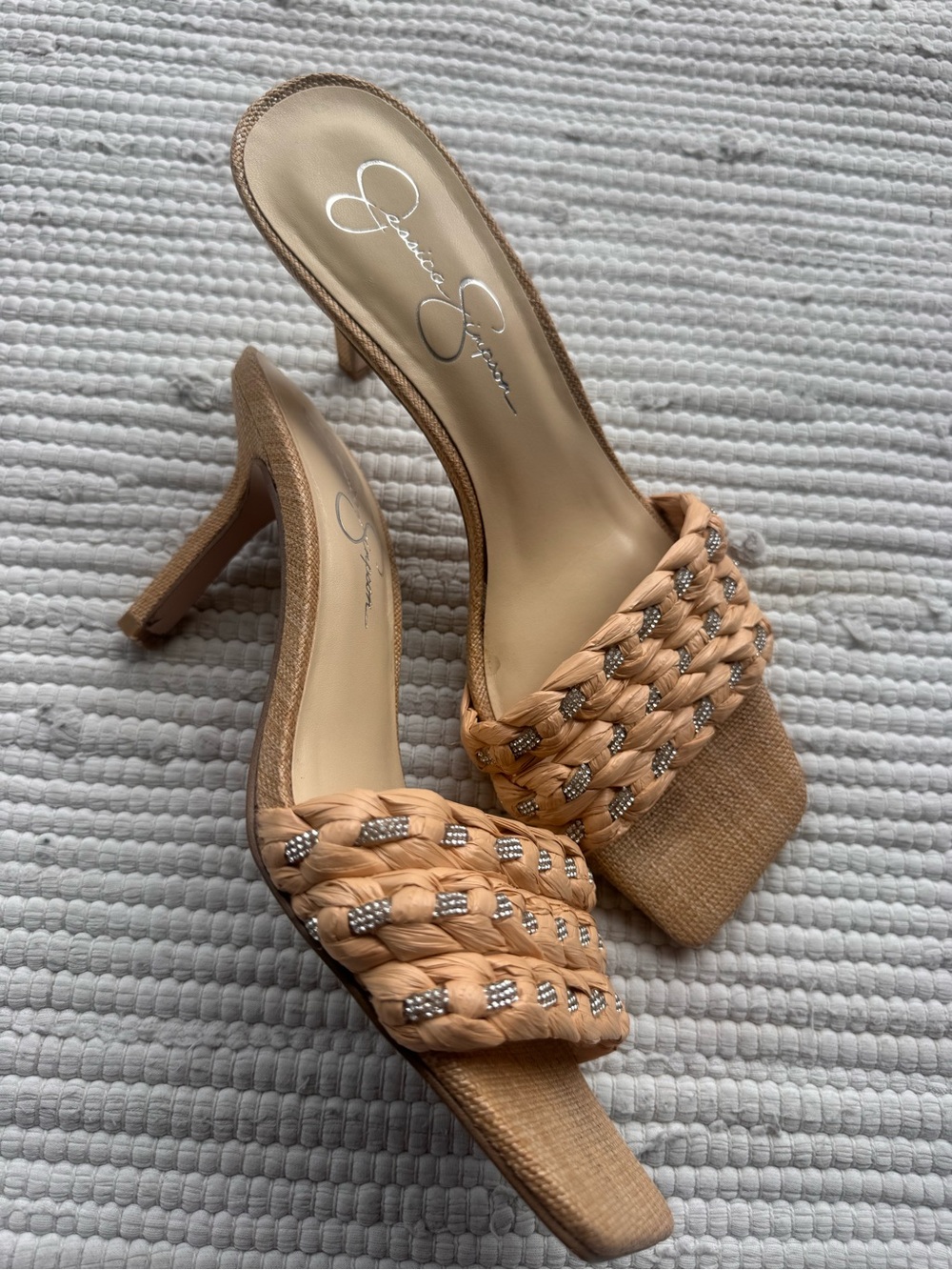 Jessica Simpson Raffia Rhinestone Mule Heels 9.5M - Picture 2 of 9